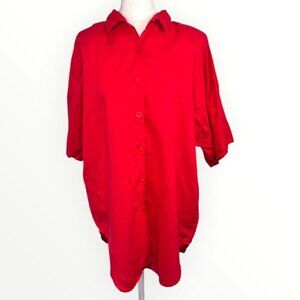 By Krash Red Oversized Blouse Vintage Short Sleeve Button Up Size Large